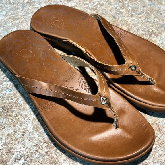 Olukai Women's Honu Brown Leather Strappy Flat Flip Flops Size 9 - Picture 2 of 9